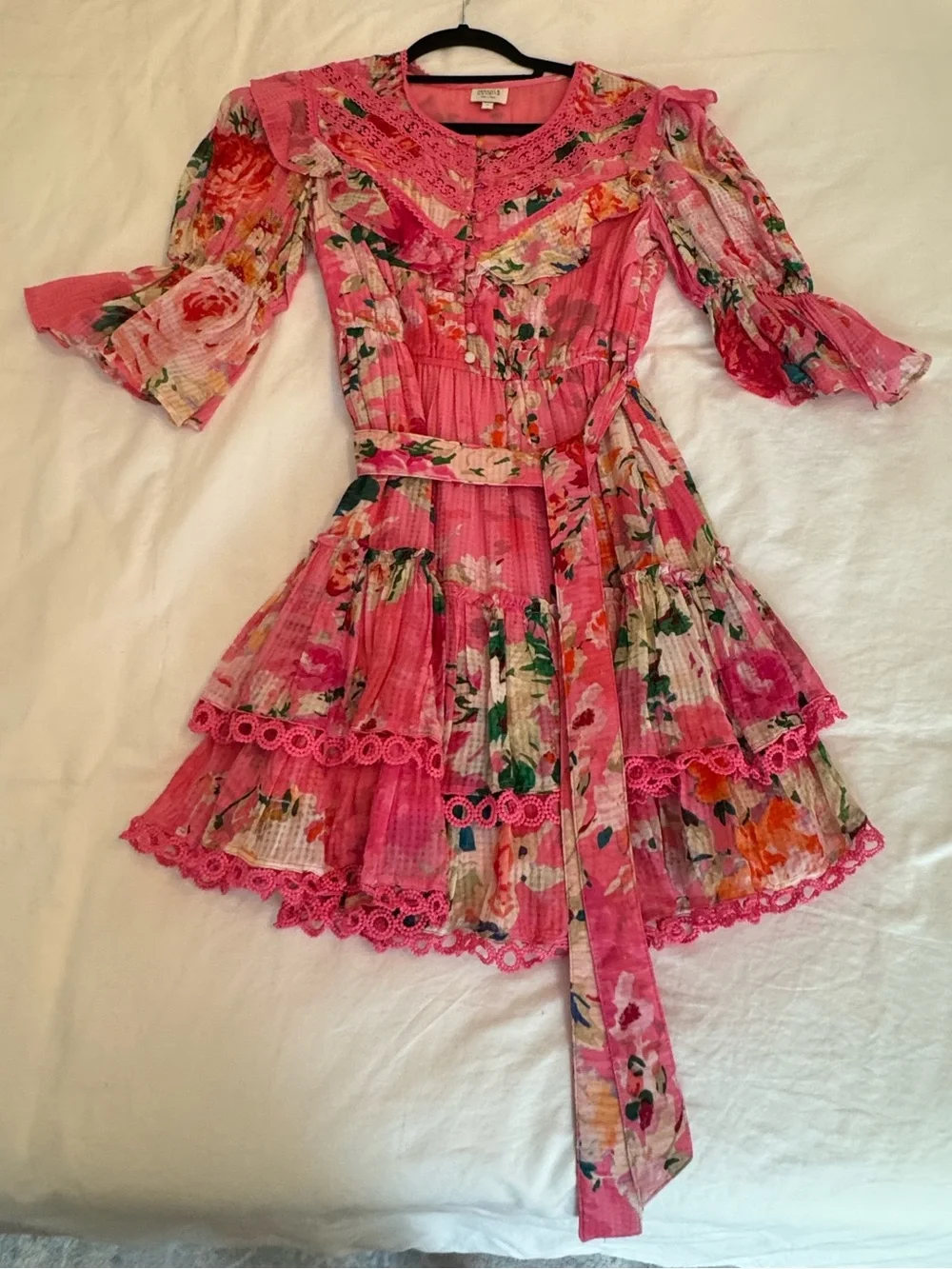 Hemant & Nandita Pink Floral Lace Ruffle Mini Dress Size S